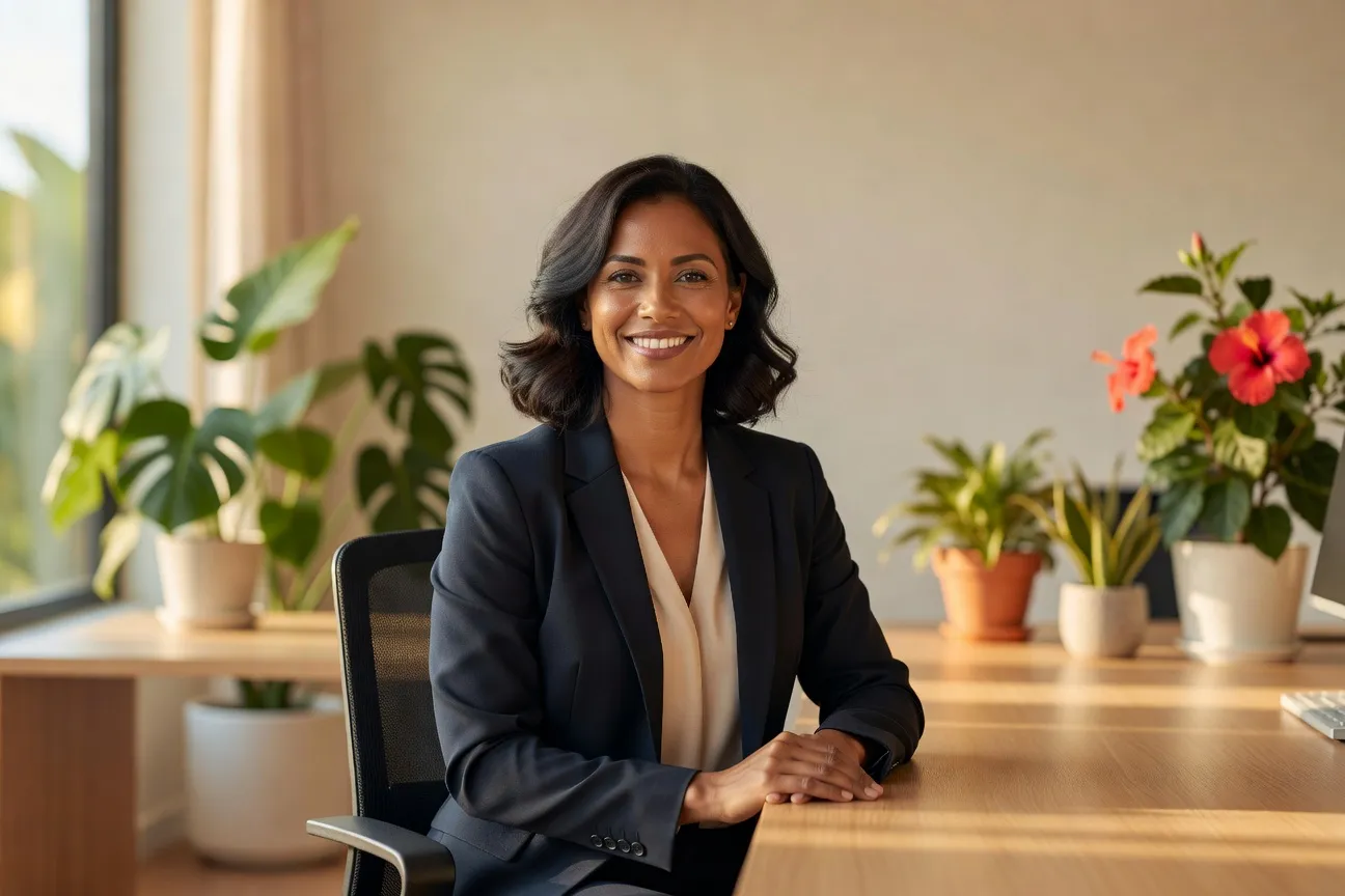Femme réunionnaise d'une quarantaine d'années assise dans un bureau lumineux, posture professionnelle et chaleureuse