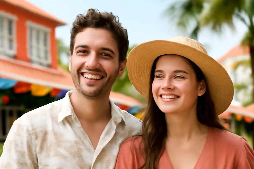 Couple de métropolitains nouvellement arrivés découvrant un marché coloré aux Antilles