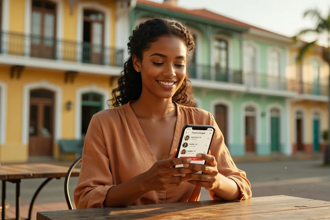 Jeune femme guyanaise consultant une application de rencontre en terrasse à Cayenne