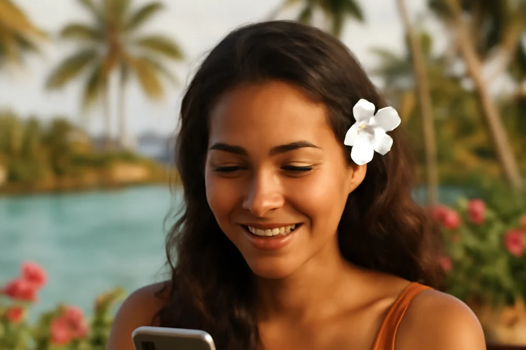Jeune femme polynésienne consultant une application de rencontre à Papeete, Tahiti