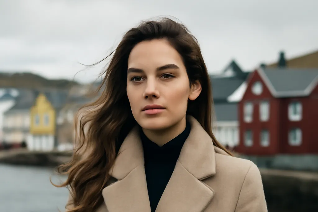 Femme sur le quai d'un petit port insulaire nord-atlantique aux maisons de bois colorées
