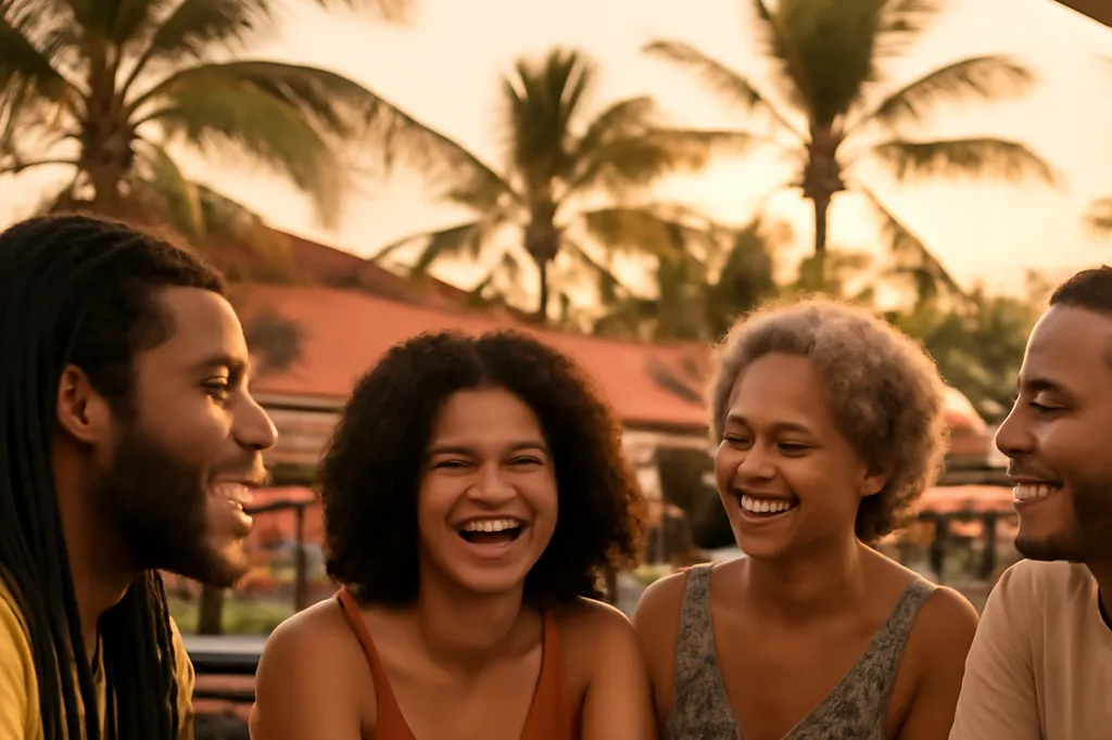 Un couple se rencontre lors d'un marché animé en plein air aux Antilles