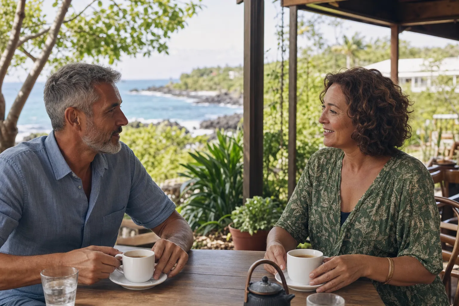 Deux personnes de plus de 50 ans échangeant avec sérénité en terrasse dans un cadre tropical
