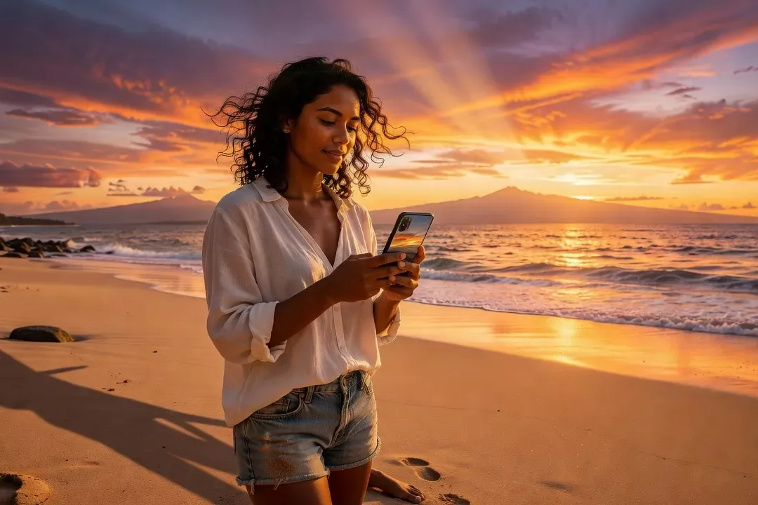 Femme réunionnaise tenant son smartphone sur la plage de Saint-Paul au coucher du soleil