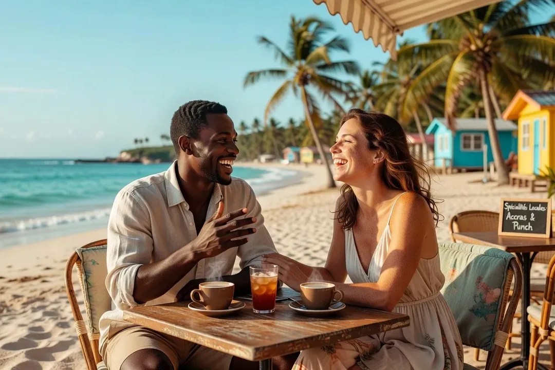 Couple mixte antillais-métropolitain discutant autour d’un repas créole à Pointe-à-Pitre
