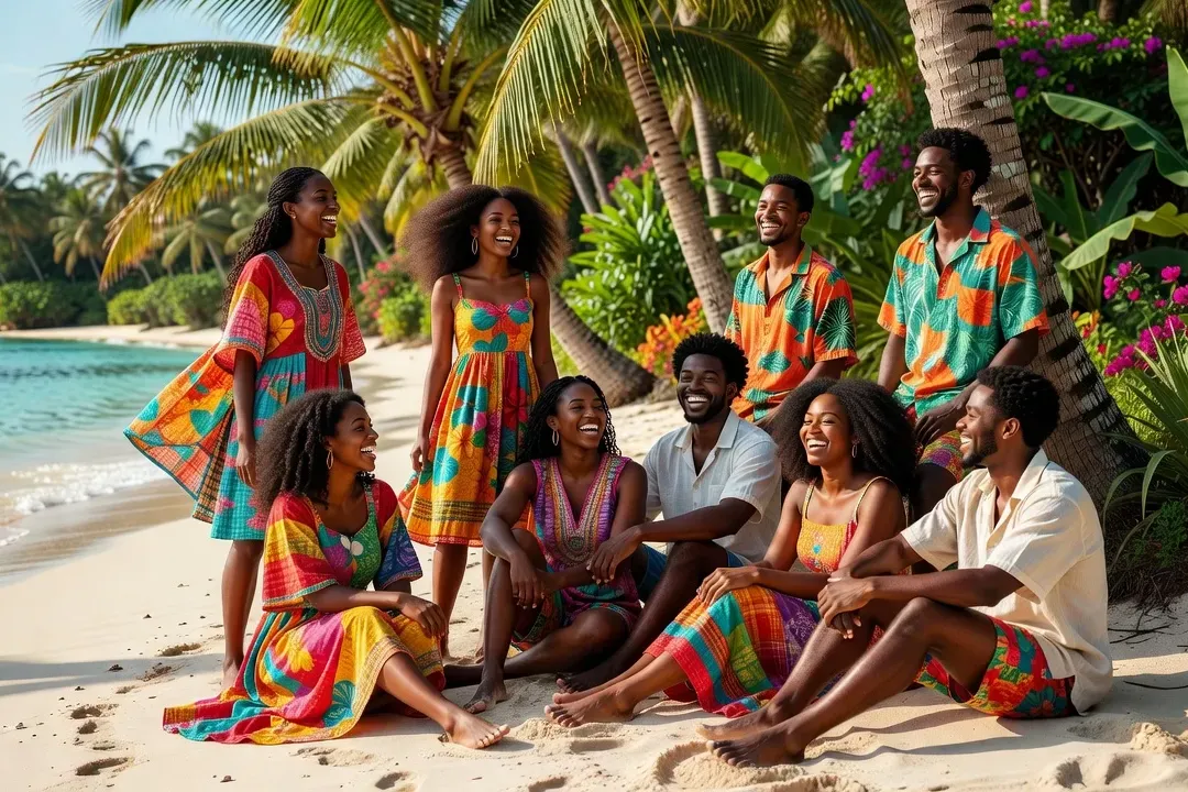 Groupe de jeunes Antillais souriants en tenues colorées dans un jardin tropical créole