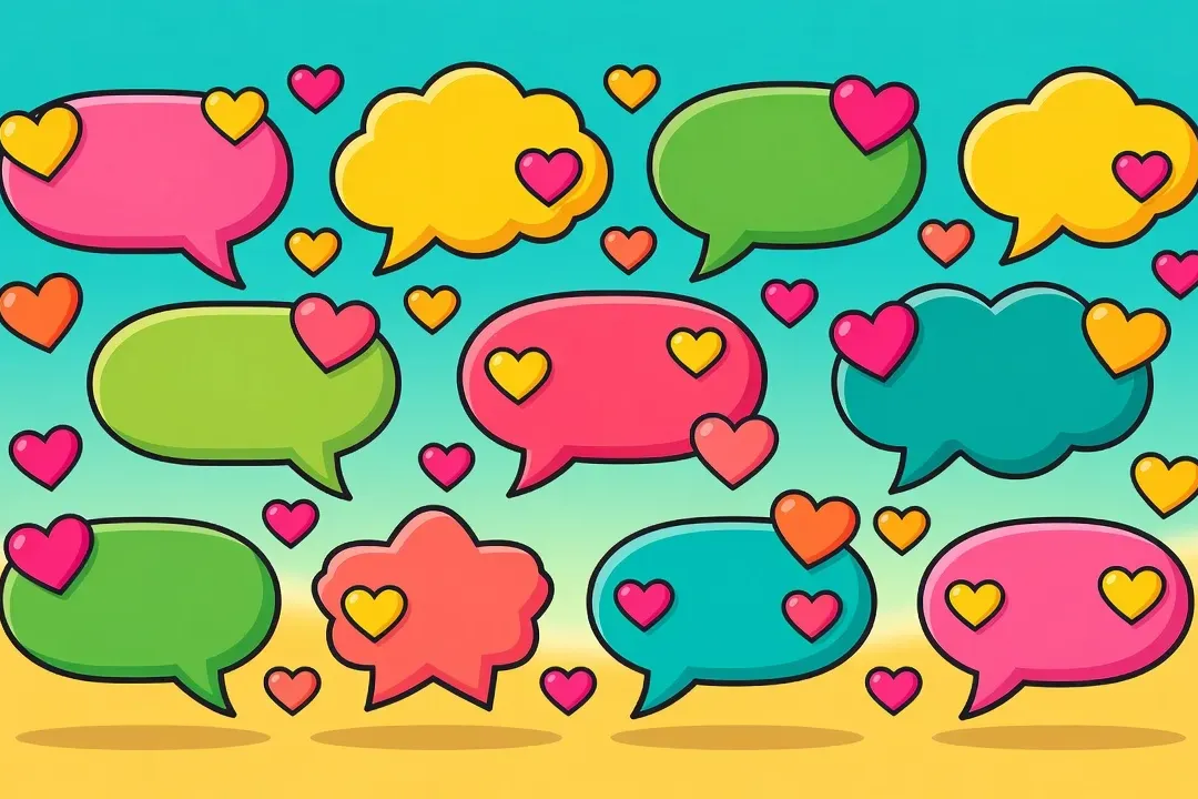 Bulles de dialogue stylisées avec des cœurs, couleurs tropicales joyeuses, illustration de la communication créole