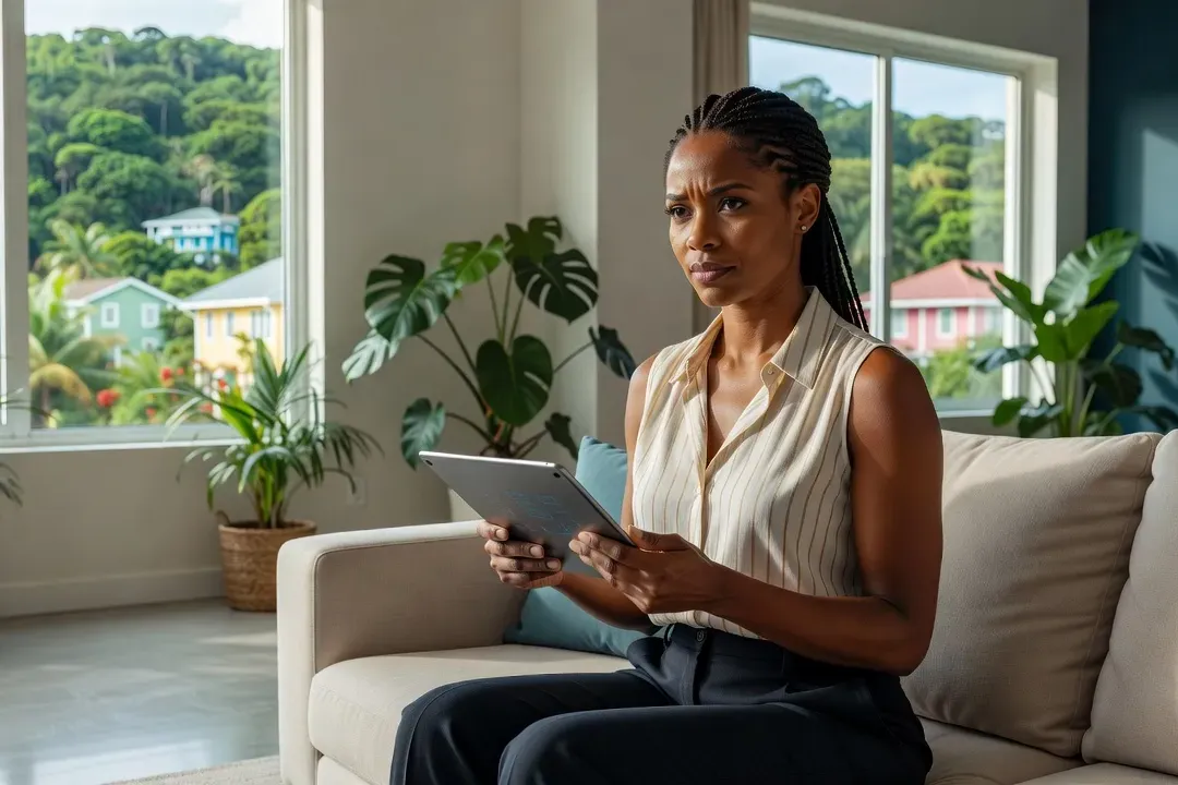 Femme martiniquaise utilisant l’application Meetic sur sa tablette depuis son salon