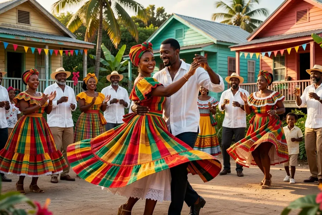 Scène de danse biguine en couple, ambiance festive traditionnelle martiniquaise, couleurs vives