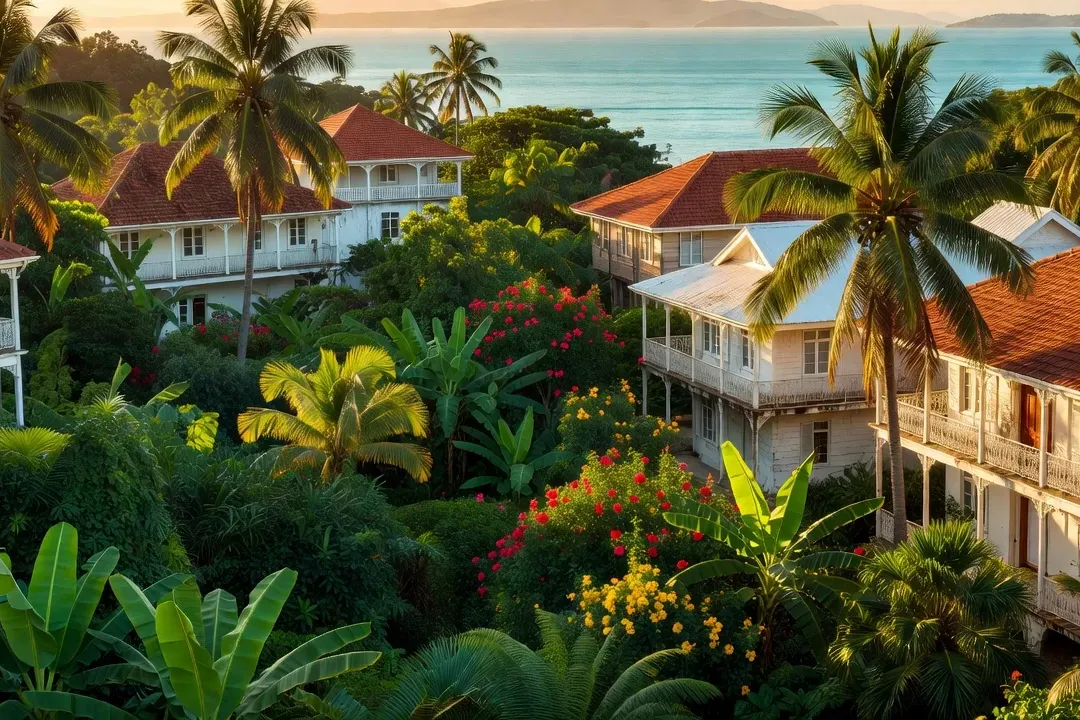 Vue de Nouméa et du lagon de Nouvelle-Calédonie au coucher du soleil