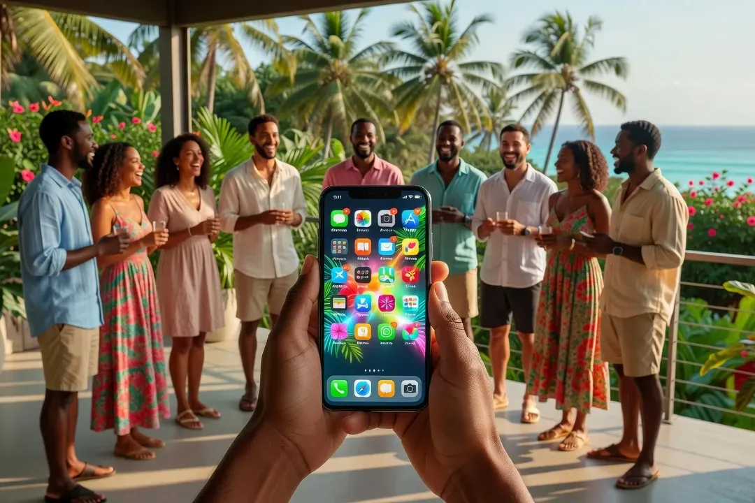 Mains tenant un smartphone avec des icônes d’applications de rencontre colorées sur fond tropical