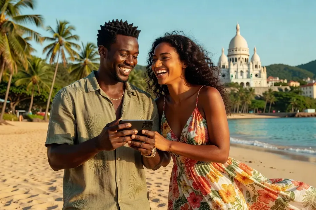 Interface Meetic sur smartphone avec Fort-de-France en arrière-plan