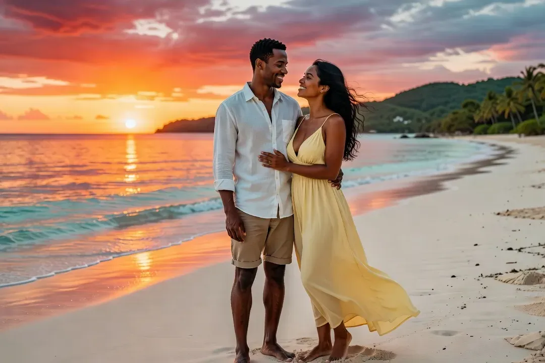 Couple se rencontrant sur une plage de Guadeloupe au coucher du soleil